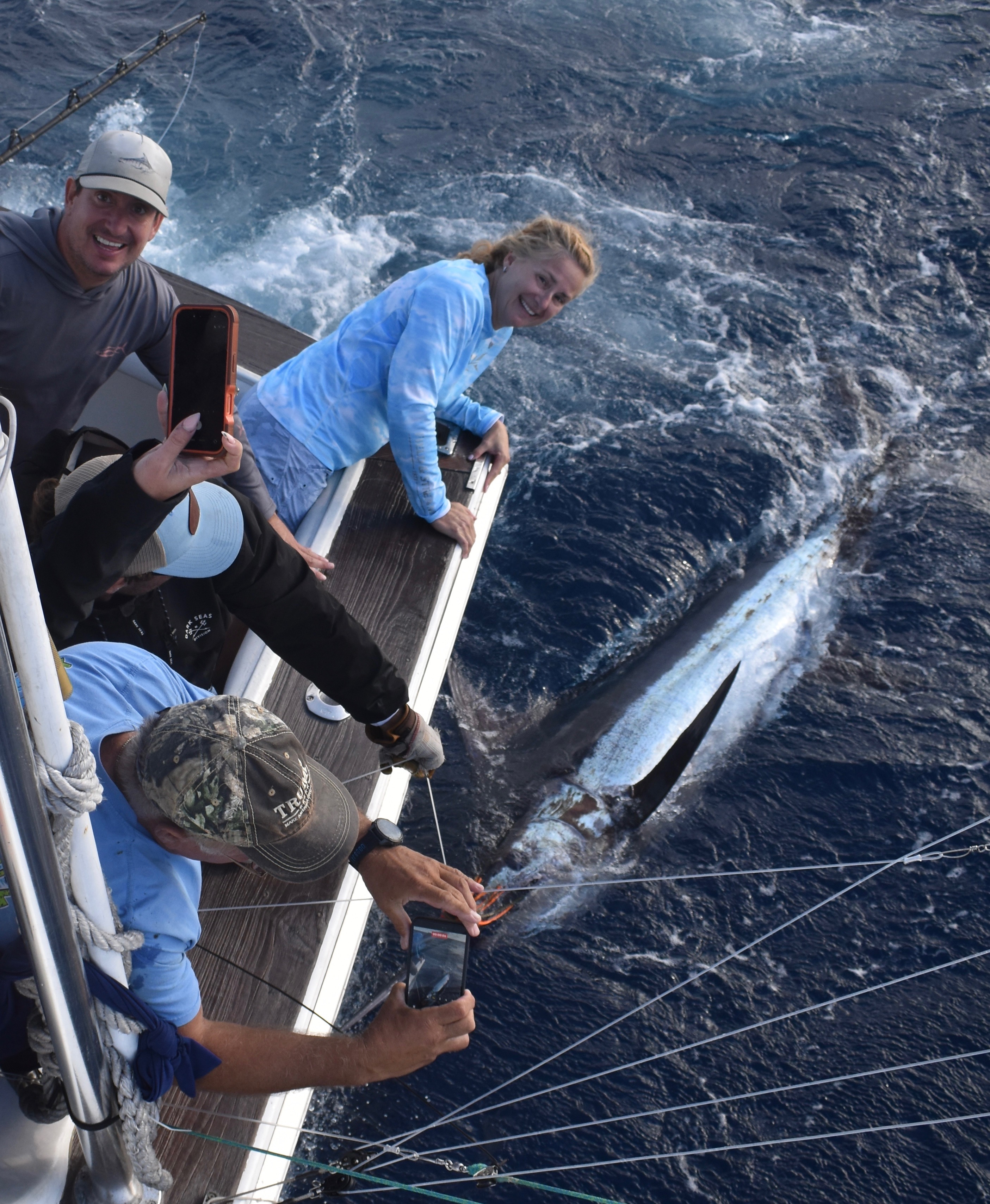 Anglers alongside a blue marlin at the boat in the Azores.