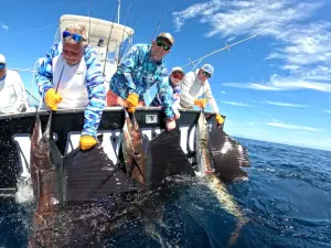 Three generations of anglers each holding a sailfish alongside the boat in Guatemala