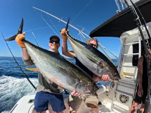 Two yellowfin tuna hanging at the dock in Guatemala
