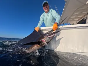 Angler with yellow gloves holding a sailfish alongside the boat in Guatemala