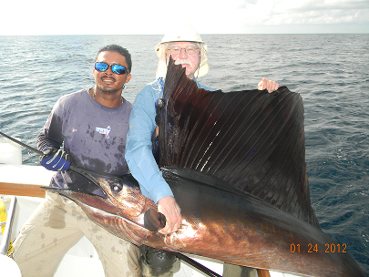 An angler holding a Sailfish caught in Panama
